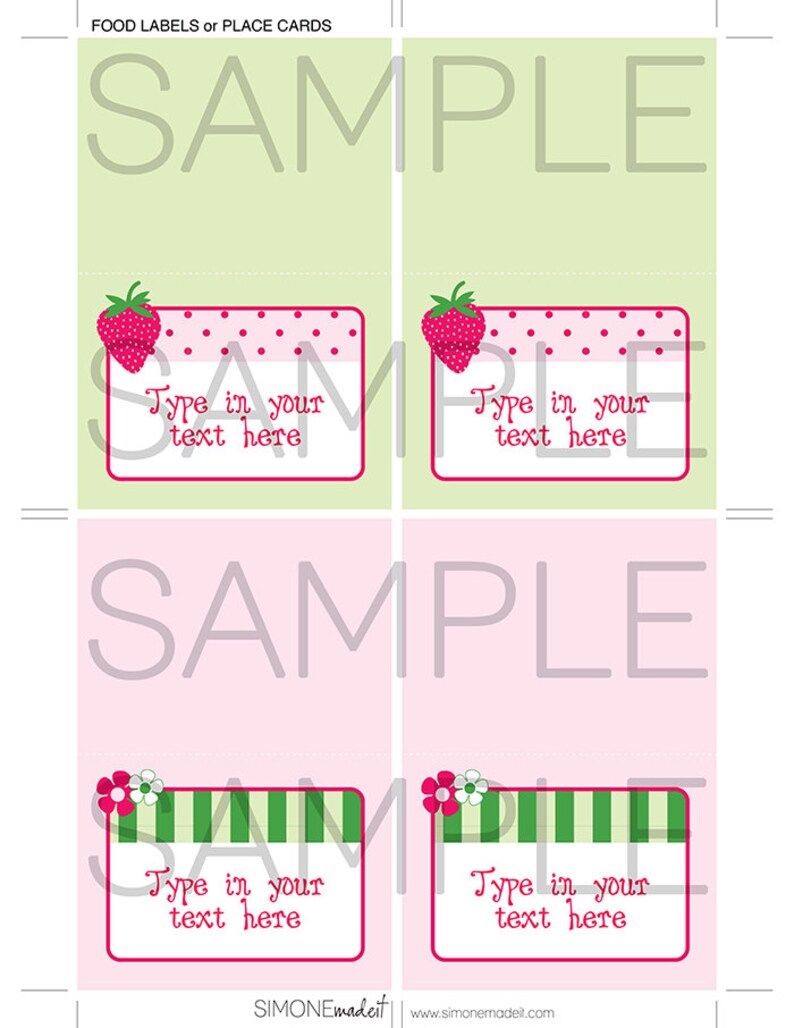 Strawberry Shortcake Food Labels Printable Birthday Party Decorations Buffet Tags INSTANT DOWNLOAD with EDITABLE text image 2