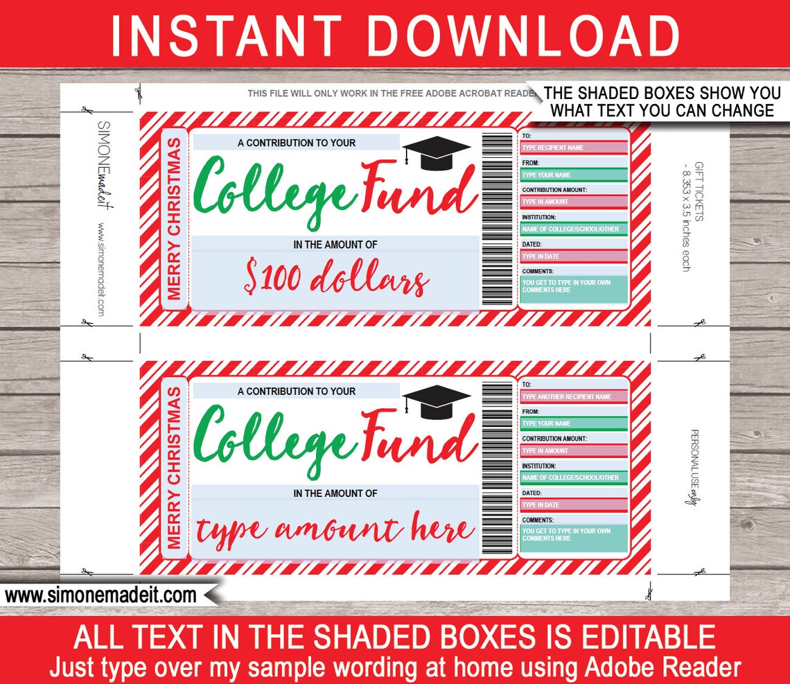 Printable College Fund Christmas Gift Certificate Tuition Voucher - 529 ...