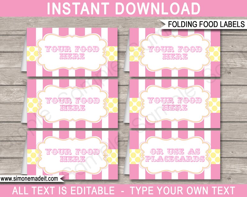 Editable Carnival Food Labels Template - Printable Buffet Tags - Folding Tent Cards - Birthday Party Decorations - TEXT EDITABLE DOWNLOAD