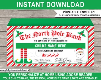 Elf Money Envelope Template - Printable Christmas Cash Gift Wallet for Kids - Last Minute Stocking Stuffer - EDITABLE Name DOWNLOAD