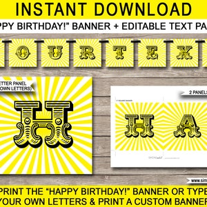 Op de afbeelding: Printbare banner met gele en witte strepen en zwarte tekst die "Happy Birthday!" en "Your Text" zegt. De banner is ontworpen om te worden gebruikt voor een verjaardagsfeest.