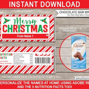 May include: Printable Christmas chocolate bar wrappers for 40g Aldi Mini Choceur. The front features a red and white striped background with the text "Merry Christmas" in green and red letters. The back features a red and white striped background with nutrition facts and the text "HO HO HO".