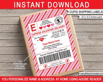 Valentine Shipping Labels Template - Secret Admirer Mail Gift Stickers - Large - Cupid Delivery - INSTANT DOWNLOAD - EDITABLE Name & Address