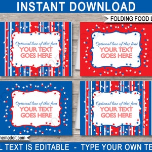 May include: Four printable food labels with a red, white, and blue patriotic theme. Each label has a white frame with the text "Optional line of this font YOUR TEXT GOES HERE". The labels have different backgrounds: red with white stars, blue with white stars, red and white stripes, and blue and white stripes.
