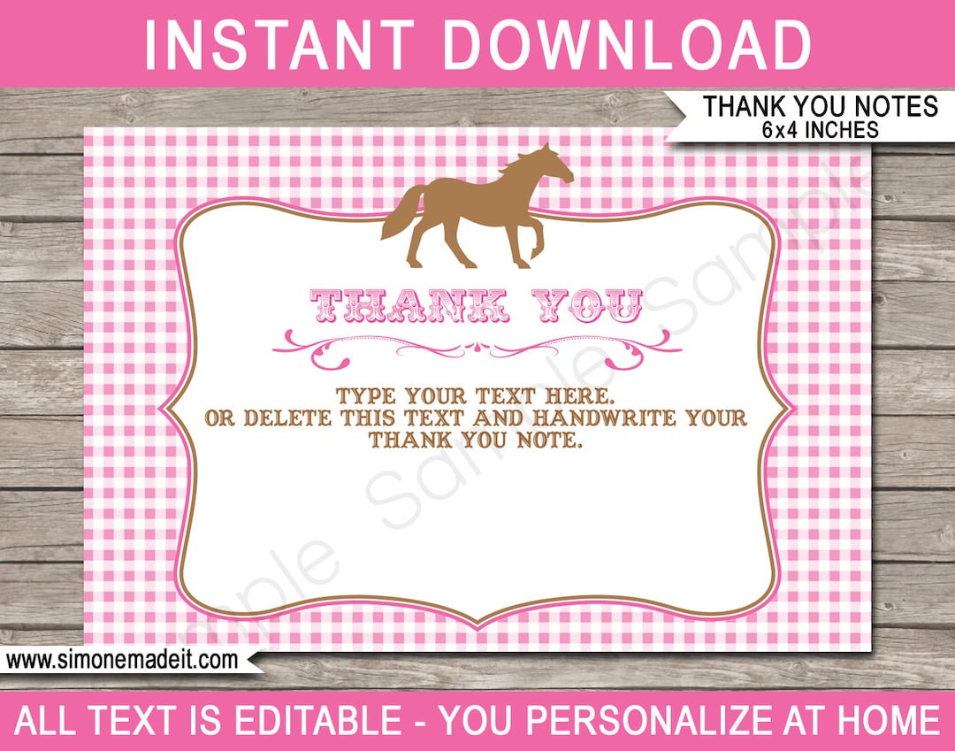 Horse Thank You Cards Template - Printable Pony Birthday Party Thank ...