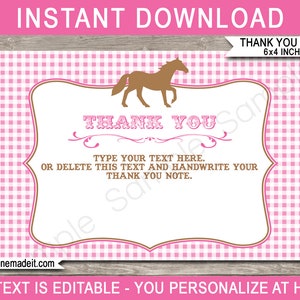 Modèle de cartes de remerciement cheval - Notes de remerciement imprimables pour fête d'anniversaire poney - 10 x 15 cm - TÉLÉCHARGEMENT IMMÉDIAT avec texte MODIFIABLE