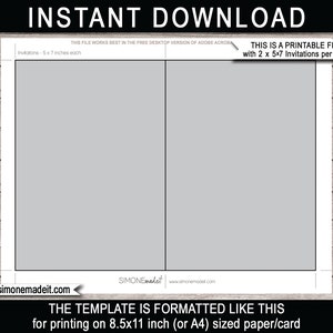 May include: Printable file template with two 5x7 inch invitations per page. The template is formatted for 8.5x11 inch paper. Text includes "INSTANT DOWNLOAD" and website address.