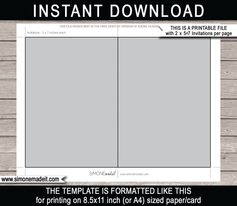 May include: Printable file template with two 5x7 inch invitations per page. The template is formatted for 8.5x11 inch paper. Text includes "INSTANT DOWNLOAD" and website address.