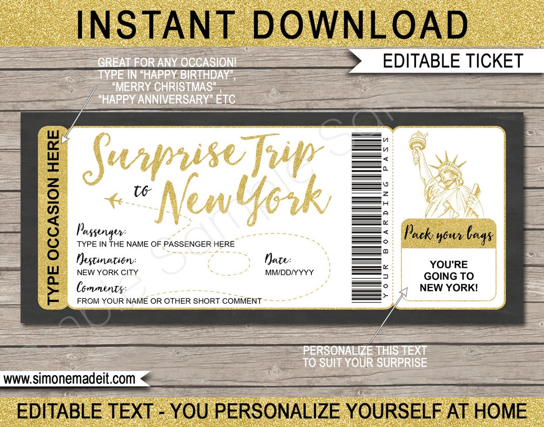 Printable Ticket to New York Boarding Pass Gift Template Surprise NYC