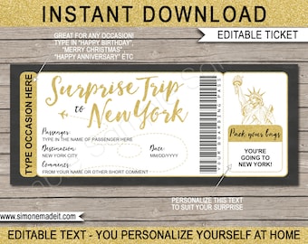 Billet imprimable pour le voyage à New York - Carte d'embarquement surprise (téléchargement instantané)