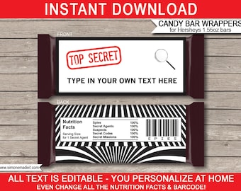 Spionage Party Schokoriegel Wrapper: Bearbeitbare Schokoladenetiketten (Instant Download)