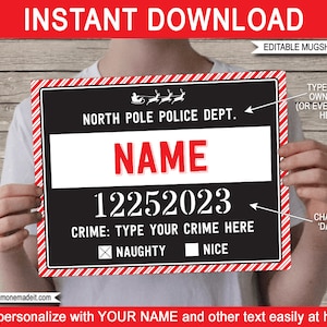 Christmas Mugshot Sign Board Template - Photo Booth Prop - Mug Shot Printable - Christmas Day Party - INSTANT DOWNLOAD with EDITABLE text