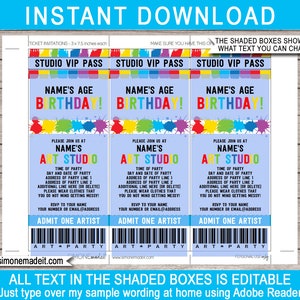 Art Party Ticket Invitation Template - Printable Birthday Party Invite ...