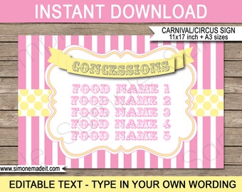 Printable Carnival Concessions Sign Template - Pink Yellow - Circus Theme Birthday Party - INSTANT DOWNLOAD text EDITABLE - 11x17 inch & A3