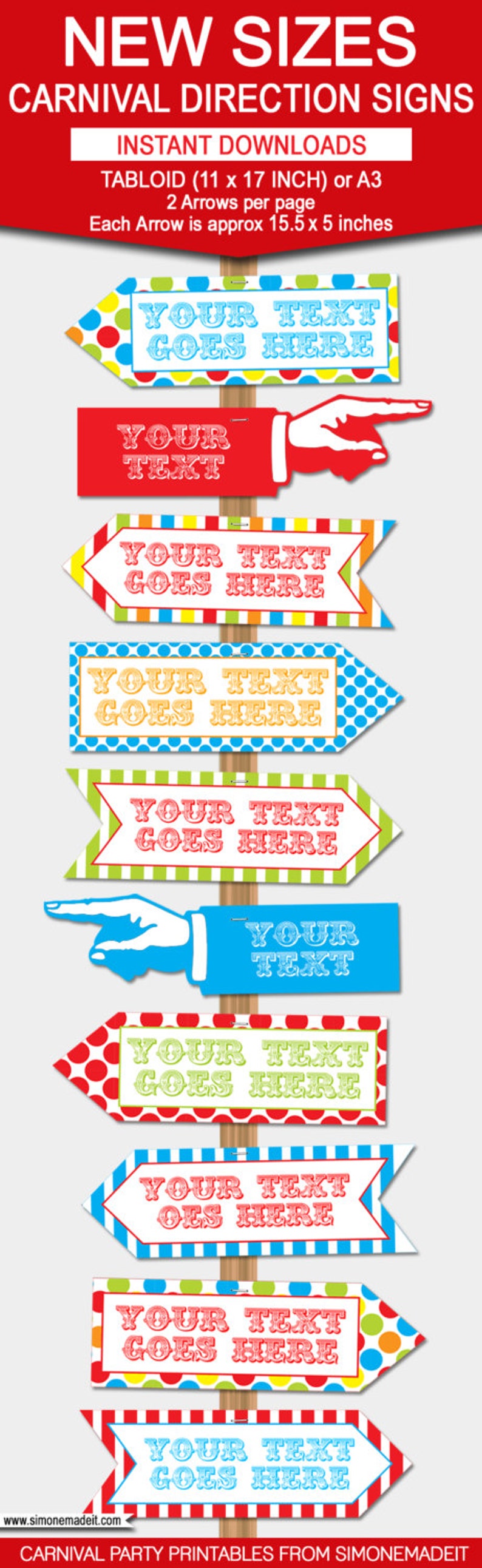 Carnival Signs Direction Arrows - Printable Carnival Party Decorations Game Signs - Circus Theme - INSTANT DOWNLOAD text EDITABLE Template - 11x17 inch, 8.5x11 inch, A4 and A3 sizes