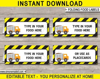 Construction Food Labels Template - Printable Birthday Party Decorations - Dump Truck Theme - Buffet - Place Cards - EDITABLE TEXT DOWNLOAD