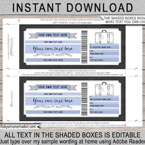 May include: Printable gift ticket template featuring a suitcase design. The template is customisable with text boxes for "Your own text here" and "1st Recipient Name Here". The text "ALL TEXT IN THE SHADED BOXES IS EDITABLE" is at the bottom of the template.