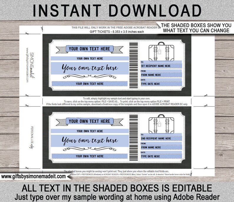 May include: Printable gift ticket template featuring a suitcase design. The template is customisable with text boxes for "Your own text here" and "1st Recipient Name Here". The text "ALL TEXT IN THE SHADED BOXES IS EDITABLE" is at the bottom of the template.