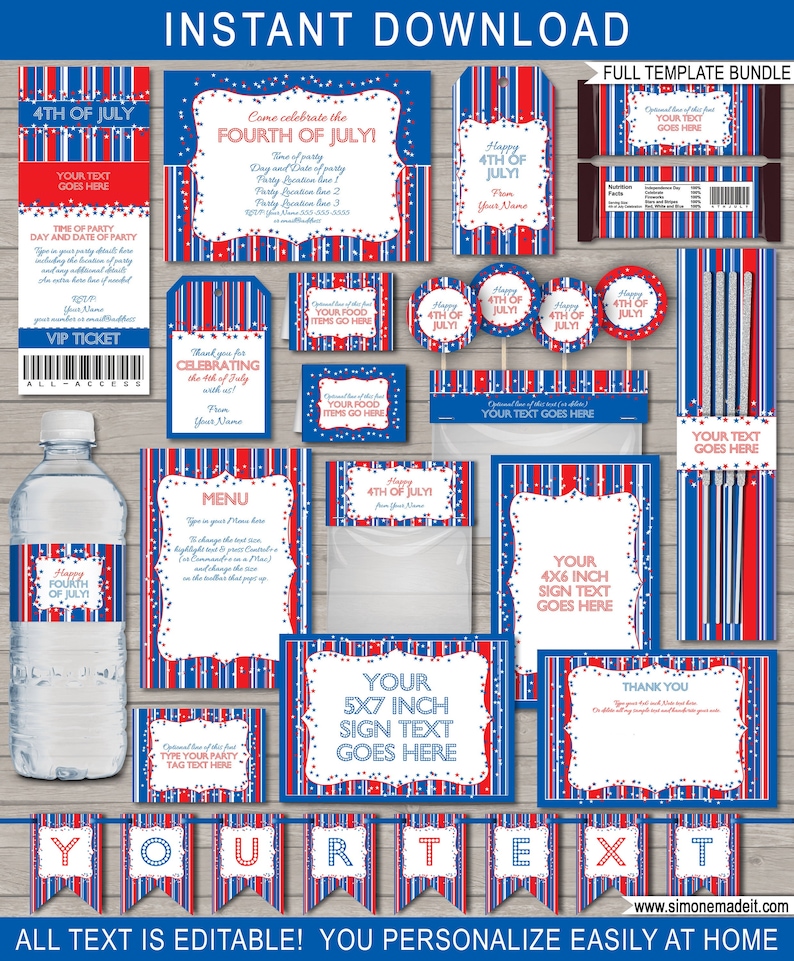 May include: A printable 4th of July party template bundle with red, white, and blue stripes and stars. The bundle includes a variety of printable items, such as a welcome sign, food labels, a menu, a thank you card, and a VIP ticket. The text is editable, so you can personalize it for your own party.