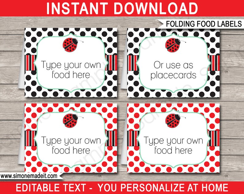 Editable & Printable Ladybug Birthday Party Food Label Decorations template
