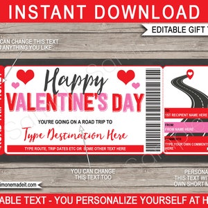 Road Trip Ticket Template, Surprise Valentines Day Trip Reveal Gift Idea, Weekend Getaway Holiday Driving Vacation, DOWNLOAD, EDITABLE Text image 1