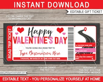 Road Trip Ticket Template, Surprise Valentines Day Trip Reveal Gift Idea, Weekend Getaway Holiday Driving Vacation, DOWNLOAD, EDITABLE Text