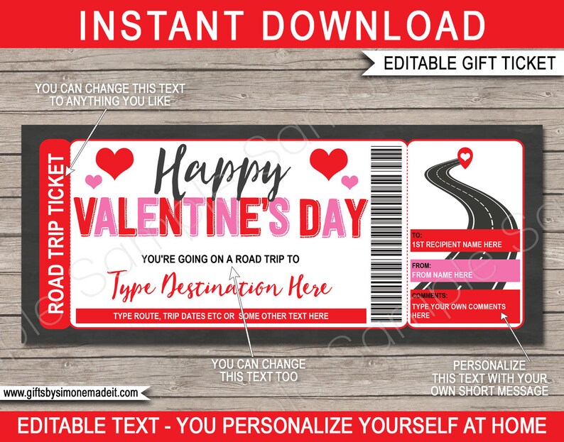 Road Trip Ticket Template, Surprise Valentines Day Trip Reveal Gift Idea, Weekend Getaway Holiday Driving Vacation, DOWNLOAD, EDITABLE Text image 1