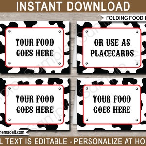 Cowboy Food Labels Template: Editable Birthday Party Place Cards (INSTANT DOWNLOAD)