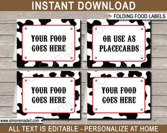 Plantilla de etiquetas de comida de vaquero: Tarjetas de lugar editables para fiestas de cumpleaños (descarga instantánea)