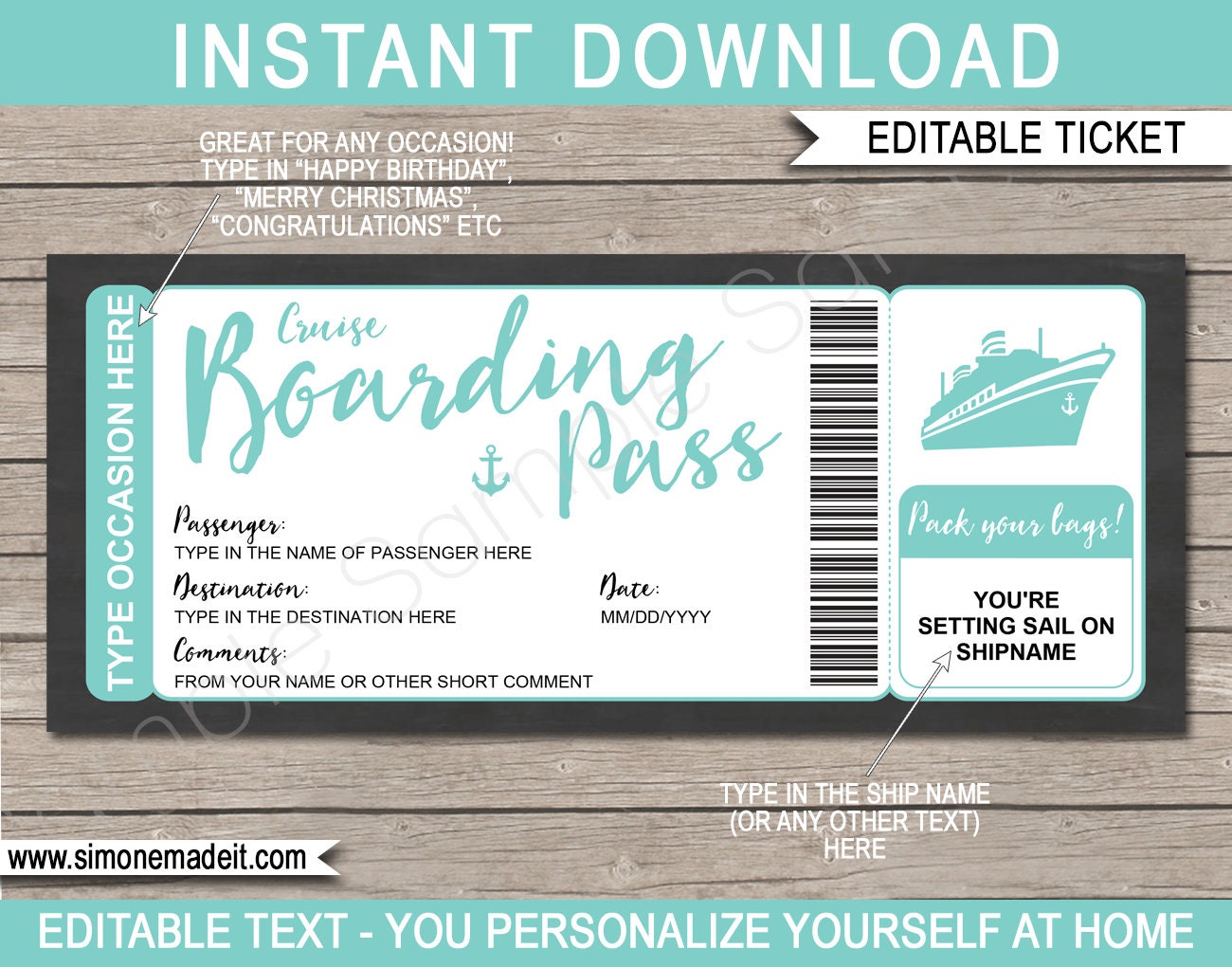Printable Cruise Boarding Pass Surprise Trip Ticket editable Instant 
