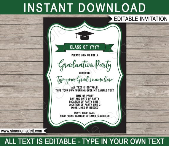 Graduation Party Invitations - black & forest green - Printable Template - Any Year - Grad Invite - INSTANT DOWNLOAD with EDITABLE text Il_570xn
