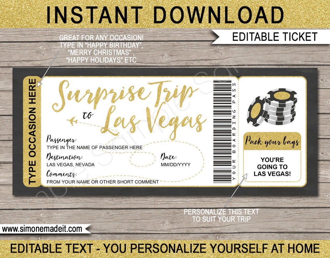 Printable Ticket to Las Vegas Boarding Pass Gift Template Surprise Las