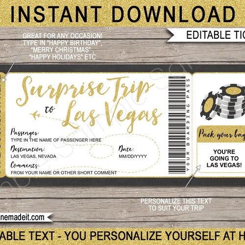 Printable LAS VEGAS Surprise Trip Gift Ticket. Boarding Pass. Etsy