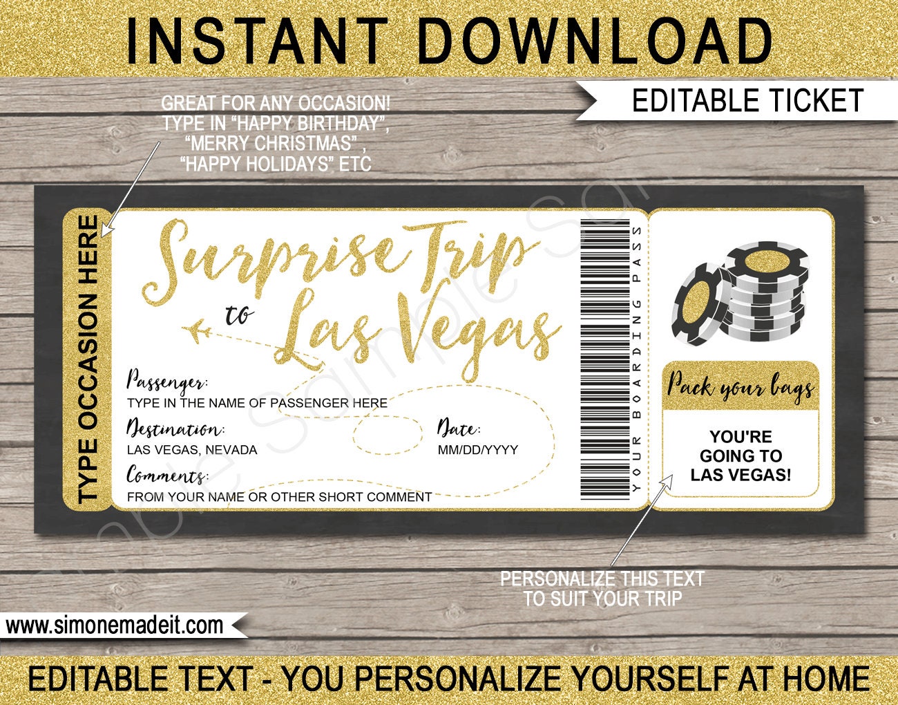 Printable Ticket to Las Vegas Boarding Pass Gift Template Etsy España