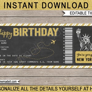 New York Bording Pass Geburtstagsgeschenk Ticket - Überraschungsflug Reise Kurzurlaub Urlaub - Gefälschter Ticket Coupon - EDITIERBARER TEXT DOWNLOAD