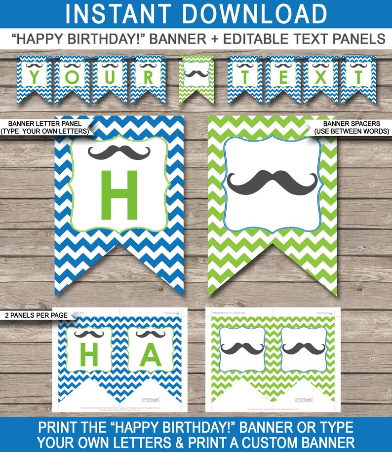 Mustache Party Decorations & Invitation Template Bundle full Package Pack Set Kit Collection INSTANT DOWNLOAD with EDITABLE text image 9