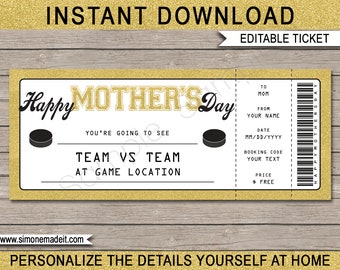 Hockey Game Ticket Mothers Day Gift - Printable Surprise Ticket to a Hockey Game template - Gift Voucher - INSTANT DOWNLOAD - EDITABLE text