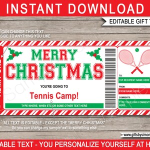 Weihnachts-Tennis-Camp Geschenkgutschein Ticket Vorlage zum Ausdrucken - Überraschungs-Trainingslager Fähigkeiten Klinik Unterricht - INSTANT DOWNLOAD Text EDITIERBAR