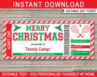 Modèle de billet cadeau Camp de tennis de Noël imprimable - Leçons de clinique de compétences de camp d'entraînement surprise - TÉLÉCHARGEMENT IMMÉDIAT texte MODIFIABLE