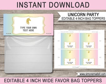 Unicorn Favor Bag Toppers - Unicorn Party Favors - Unicorn Theme Party Printables - 4 inches wide - INSTANT DOWNLOAD with EDITABLE text