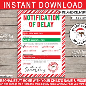Carta preta de presente atrasado do Papai Noel - Modelo para impressão de notificação de presente de Natal atrasado - DOWNLOAD INSTANTÂNEO - Nomes EDITÁVEIS