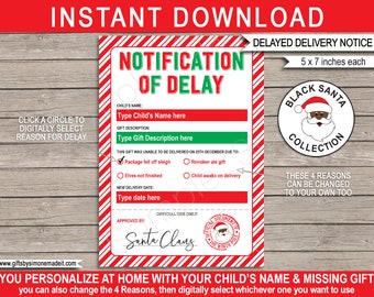 Black Santa Late Gift Letter - Delayed Christmas Gift Notification Printable Template - INSTANT DOWNLOAD - EDITABLE Names