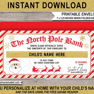 Modelo para impressão de envelope de dinheiro de Natal - Dinheiro de Papai Noel personalizado para crianças - Presente em dinheiro - Stuffer de meia - Nome EDITÁVEL DOWNLOAD
