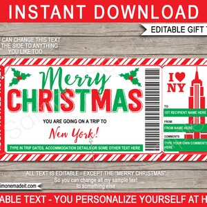 Modello di biglietto di New York Buono regalo Certificato - Viaggio di Natale stampabile Rivela Carta d'imbarco - Fuga di vacanza - Testo MODIFICABILE