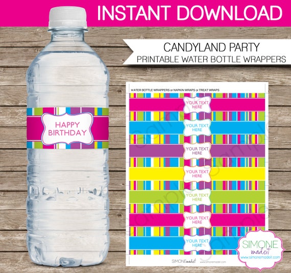 Candyland Party Water Bottle Labels or Wrappers - INSTANT DOWNLOAD & EDITABLE template - type your own text in Adobe Reader Il_570xn