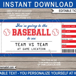 May include: A blue and white baseball ticket design with red text that reads "BASEBALL" and "TEAM VS TEAM". The ticket includes areas for recipient name, date, and booking code. The text "EDITABLE TICKET" is at the top.