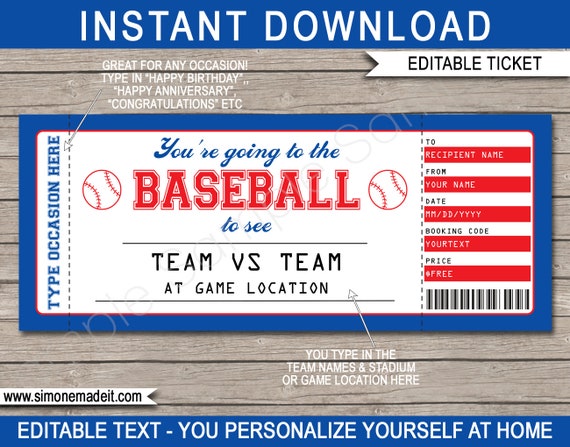 Baseball Game Ticket Printable Gift - Surprise Ticket to a Baseball Game  Voucher Certificate - Any Occasion - INSTANT DOWNLOAD - EDITABLE