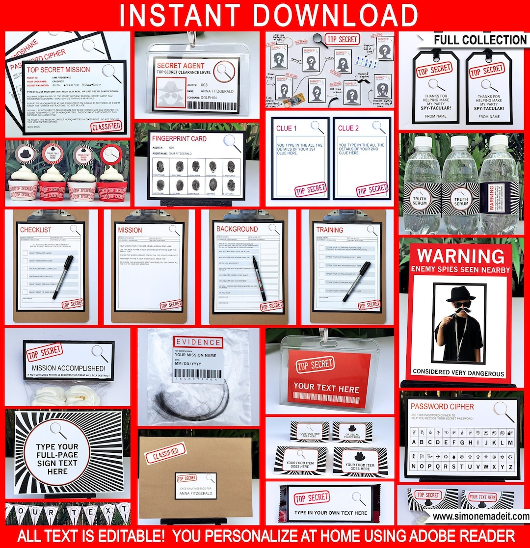 spy-party-printables-invitation-decoration-template-bundle-secret-agent-theme-package-pack-set-kit-instant-download-with-editable-text-etsy