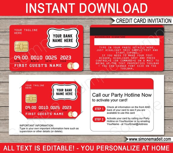 Credit Card Invitation Template - Printable Birthday Party Invite - Mall Scavenger Hunt Shopping Theme - Red - EDITABLE TEXT DOWNLOAD Il_570xn