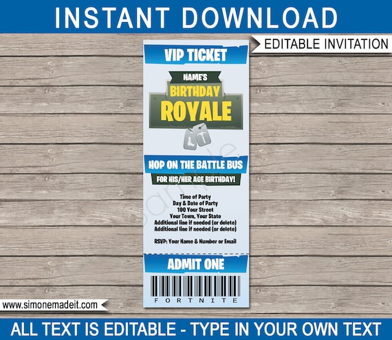 birthday royale invitation template ticket printable video game party invite instant download with editable text you edit at home - fortnite birthday invitations free download